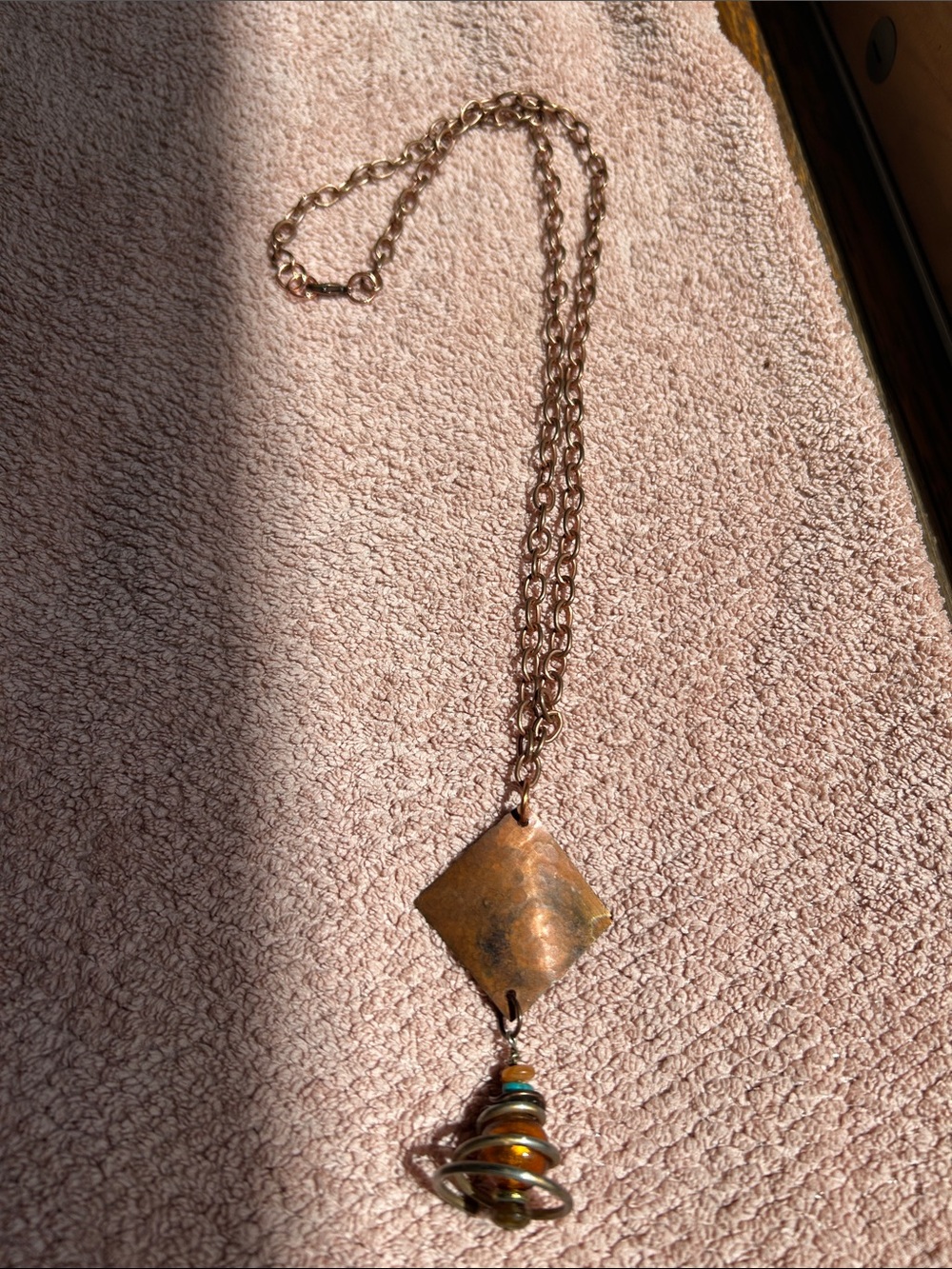 Handmade Copper-Tone Pendant Necklace with Glass Beads in Brown and Gold